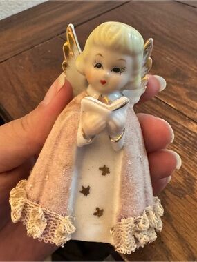 Vintage 1950s Japan Ceramic Velvet Flocked 4" Angel Girl Figurine